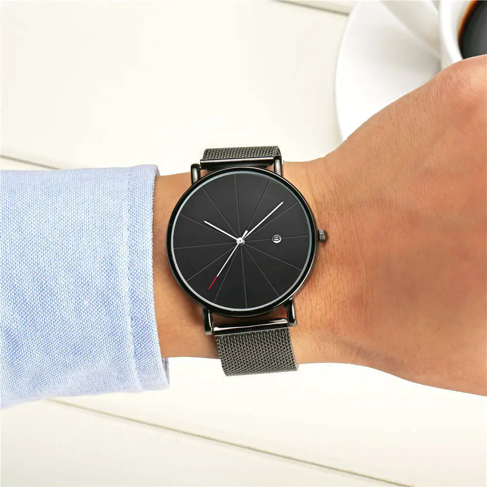 メンズ クォーツ 腕時計 カレンダー機能付 | ステンレス メッシュベルト 40mm径 | シンプル ミニマルデザイン 軽量50g ショックレジスト ビジネス カジュアル