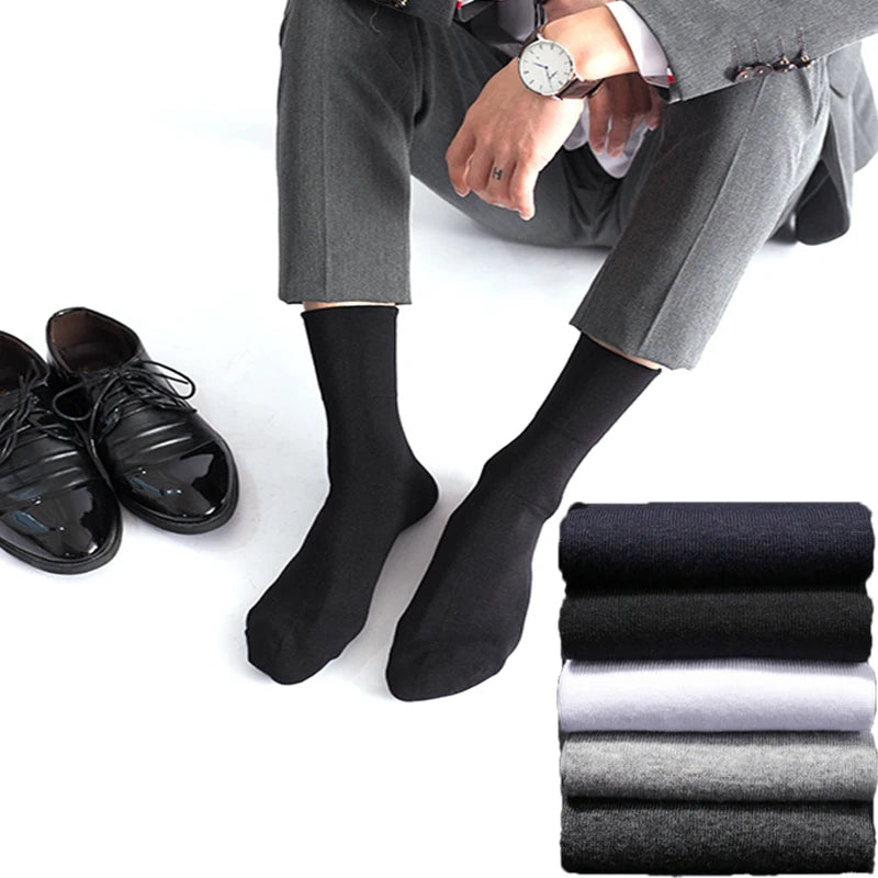 Men's Crew Socks, 5-Pair Set | Mid-Length, Classic Design | Durable Polyester Material, Stretchy, All-Season, Commuting, School, Sports, and Casual Wear
