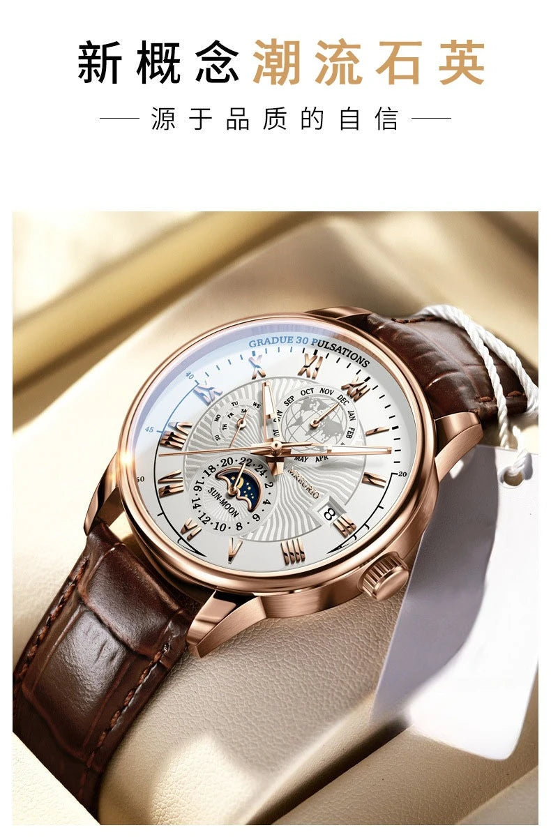 メンズ クラシック アナログ腕時計 | ローマ数字 インデックス | 超軽量33.5g レザー調バンド クォーツ ビジネス カジュアル ウォッチ ブラック