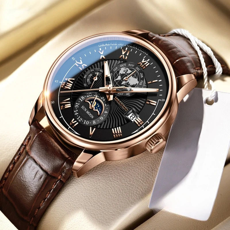 メンズ クラシック アナログ腕時計 | ローマ数字 インデックス | 超軽量33.5g レザー調バンド クォーツ ビジネス カジュアル ウォッチ ブラック