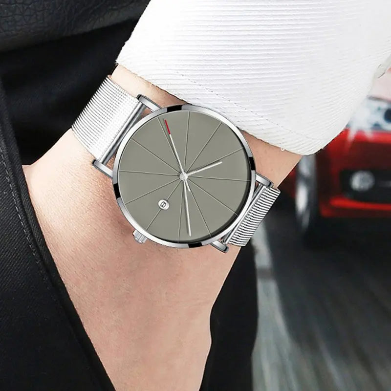 メンズ クォーツ 腕時計 カレンダー機能付 | ステンレス メッシュベルト 40mm径 | シンプル ミニマルデザイン 軽量50g ショックレジスト ビジネス カジュアル